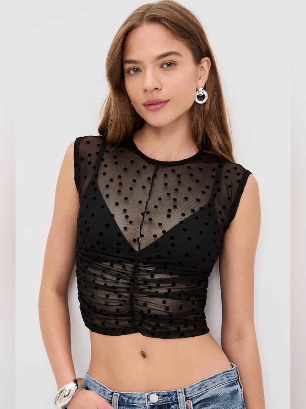 Le Bop Sheer Black Polka Dot Cropped Top, Summer 2026, size Small